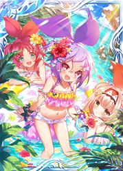 Rule 34 | 3girls, age of ishtaria, aqua eyes, beach, blonde hair, blue sky, collaboration, cup, flower, green eyes, hair flower, hair ornament, holding, holding cup, innertube, multiple girls, munlu (wolupus), ocean, official art, open mouth, pink hair, plant, red eyes, red flower, red hair, salix (age of ishtaria), shinkai no valkyrie, short shorts, shorts, sitting, sky, swim ring, swimsuit, yellow flower
