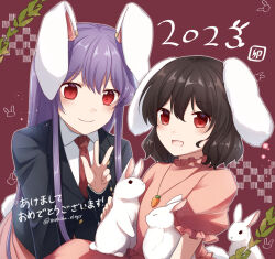 Rule 34 | 2023, 2girls, animal ears, artist name, black jacket, brown hair, carrot necklace, chinese zodiac, dated, inaba tewi, jacket, jewelry, koto (shiberia39), multiple girls, necklace, necktie, orange shirt, purple hair, rabbit, rabbit ears, red background, red eyes, red necktie, reisen udongein inaba, shirt, smile, touhou, v, white shirt, year of the rabbit