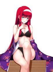 Rule 34 | 1girl, aqua eyes, bare legs, bare shoulders, black bra, black panties, bra, commentary request, crossed legs, floral print, glowing, glowing eyes, groin, hairband, hand to own mouth, highres, i.f.s.f, japanese clothes, kimono, unworn kimono, leg lift, long hair, midriff, panties, parted lips, purple kimono, red hair, sidelocks, sitting, stomach, thighs, tohno akiha, tsukihime, type-moon, underwear, white hairband, wide sleeves