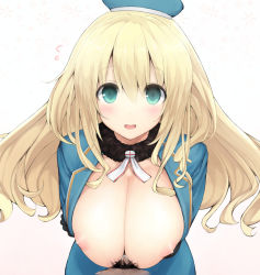 Rule 34 | 10s, 1girl, aqua eyes, atago (kancolle), blonde hair, blush, breasts, hat, huge breasts, k g, kantai collection, long hair, looking at viewer, male pubic hair, military, military uniform, nipples, open clothes, open shirt, paizuri, penis, pubic hair, shirt, smile, solo focus, uniform