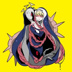 Rule 34 | 1girl, black sclera, blonde hair, breasts, cleavage, closed eyes, colored sclera, crown, double (skullgirls), extra arms, extra eyes, highres, hudanso, large breasts, monster, monster girl, nun, skullgirls, smile, solo, tongue, tongue out, torn clothes, yellow background