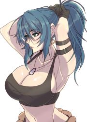 Rule 34 | 1girl, armlet, armpits, arms up, black gloves, black tank top, blue hair, breasts, cleavage, crop top, dog tags, earrings, from side, gloves, green eyes, hair between eyes, hair tie in mouth, high ponytail, highres, jewelry, large breasts, leona heidern, midriff, mouth hold, necklace, pink lips, sideboob, sidelocks, solo, stomach, tank top, the king of fighters, toned, tying hair, upper body, yoshiikirablr