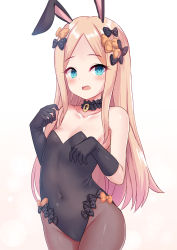 Rule 34 | 1girl, abigail williams (fate), bare shoulders, black bow, black gloves, black leotard, blonde hair, blue eyes, blush, bow, breasts, brown background, brown pantyhose, collarbone, commentary request, covered navel, duplicate, elbow gloves, fate/grand order, fate (series), gloves, gradient background, hair bow, highres, leotard, long hair, looking at viewer, milkshakework, open mouth, orange bow, pantyhose, parted bangs, pixel-perfect duplicate, polka dot, polka dot bow, small breasts, solo, strapless, strapless leotard, very long hair, wavy mouth, white background