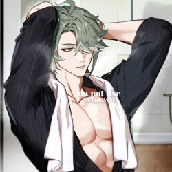 Rule 34 | 1boy, ahoge, alhaitham (genshin impact), arms up, artist name, black shirt, collarbone, commentary, condensation, english commentary, eriimyon, genshin impact, glass door, green eyes, green hair, grey hair, hair over one eye, highres, indoors, male focus, multicolored hair, one eye covered, open clothes, open shirt, parted bangs, parted lips, pectorals, shirt, short hair, shower (place), sidelocks, solo, sparkle, steam, striped clothes, striped shirt, teeth, tile wall, tiles, towel, towel around neck, twitter username, upper body, vertical-striped clothes, vertical-striped shirt, watermark, wet, wet hair, window fog, wooden floor