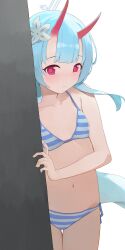 Rule 34 | 1girl, bikini, blue archive, blue bikini, blue hair, blue halo, chise (blue archive), chise (swimsuit) (blue archive), closed mouth, commentary, flat chest, flower, hair flower, hair ornament, halo, highres, hiroki (yyqw7151), horns, long hair, looking at viewer, official alternate costume, oni horns, red eyes, red horns, simple background, solo, standing, striped bikini, striped clothes, swimsuit, thighs, white background, white flower