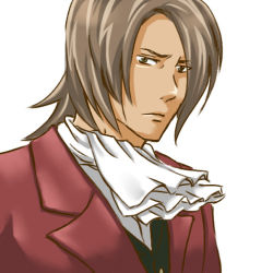Rule 34 | 1boy, ace attorney, blue eyes, brown hair, capcom, cosplay, crossover, formal, male focus, miles edgeworth, miles edgeworth (cosplay), raven (tales), short hair, solo, suit, takemoto eiji, tales of (series), tales of vesperia, voice actor connection