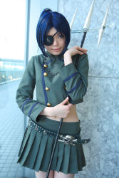 Rule 34 | 1girl, asian, blue hair, breasts, chrome dokuro, color contacts, cosplay, cowboy shot, eyepatch, female focus, highres, indoors, katekyo hitman reborn!, looking at viewer, midriff, miniskirt, namada, photo (medium), pleated skirt, polearm, short hair, skirt, skull and crossbones, skull belt, small breasts, solo, spear, standing, trident, uniform, weapon, window