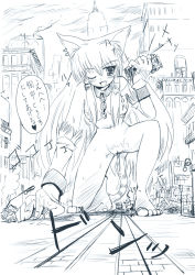 Rule 34 | 1girl, animal ears, blush, breasts, cat ears, cat girl, cat tail, collar, crushing, female focus, female masturbation, giant, giantess, highres, leash, long hair, masturbation, monochrome, nude, outdoors, pussy, pussy juice, seo tatsuya, sketch, sky, solo, tail, translated, vore