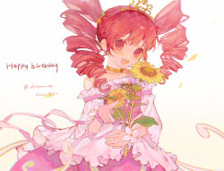 Rule 34 | 1girl, absurdres, crown, dated, dorannnn, drill hair, english text, fine (futagohime), flower, fushigiboshi no futago hime, happy birthday, highres, holding, holding flower, long hair, looking at viewer, open mouth, pink eyes, pink hair, smile, solo, sunflower