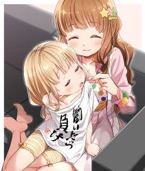 Rule 34 | 2girls, :o, ^ ^, age difference, barefoot, blush, breasts, brown hair, child, cleavage, closed eyes, closed mouth, clothes writing, couch, couple, feeding, food, futaba anzu, hair ornament, holding, holding food, idolmaster, idolmaster cinderella girls, long hair, long sleeves, low twintails, medium breasts, moroboshi kirari, multiple girls, off shoulder, on couch, onee-loli, open mouth, pink skirt, pleated skirt, polka dot, polka dot shirt, shirt, short shorts, short sleeves, shorts, sitting, size difference, skirt, star (symbol), star hair ornament, striped clothes, striped shorts, twintails, very long hair, white shirt, you work you lose, yukie (kusaka shi), yuri
