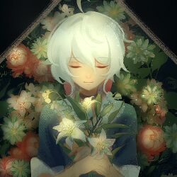 Rule 34 | 1boy, ahoge, black background, black choker, blue sky, blue sleeves, bouquet, check flower, choker, closed eyes, closed mouth, collar, collared shirt, commentary, daisy, english commentary, flower, flower bed, flower request, hair between eyes, holding, holding bouquet, kanlamari, light particles, lily (flower), lily of the valley, long sleeves, lotus, lowres, lying, male focus, mole, mole under eye, on back, original, pink flower, shirt, short hair, sky, sleeves past elbows, smile, solo, straight-on, upper body, white collar, white flower, white hair