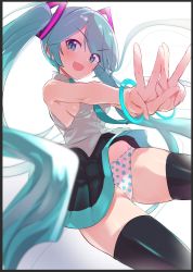 Rule 34 | 1girl, bare shoulders, blue eyes, blue hair, blush, breasts, caburi, commentary request, eyes visible through hair, hatsune miku, highres, long hair, looking at viewer, medium breasts, open mouth, panties, polka dot, polka dot panties, sideboob, simple background, skirt, sleeveless, solo, thighhighs, twintails, underwear, v, very long hair, vocaloid, white background