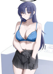 1girl absurdres bare_shoulders black_gloves black_skirt blue_archive blue_bra blush bra breasts cleavage cliov gloves halo highres large_breasts long_hair navel purple_eyes purple_hair sidelocks skirt solo underwear yuuka_(blue_archive)