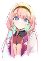 Rule 34 | 1girl, absurdres, bad id, bad pixiv id, blue eyes, bow, bowtie, closed mouth, colored inner hair, e sky rugo, green hair, hairband, head tilt, highres, jacket, long hair, looking at viewer, multicolored hair, nijisanji, pink hair, red bow, red bowtie, simple background, smile, solo, suo sango, suo sango (1st costume), upper body, virtual youtuber, white background, white jacket