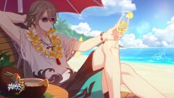 Rule 34 | 1boy, alternate costume, arm up, beach, beach umbrella, black shorts, bracelet, chinese commentary, cloud, cloudy sky, coconut, coconut cup, crossed legs, cup, drink, feet out of frame, food, fruit, highres, holding, holding cup, honkai (series), honkai impact 3rd, jewelry, lemon, lemon slice, light smile, long hair, male focus, necklace, official art, official wallpaper, outdoors, pink-framed eyewear, shirt, shorts, sky, su (honkai impact), sunlight, surfboard, tree, umbrella, white shirt