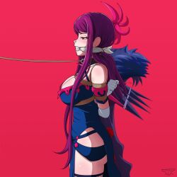 Rule 34 | 1girl, absurdres, arms behind back, bare shoulders, bdsm, black choker, blue dress, blush, bondage, bound, breasts, choker, cleavage, cloth gag, collar, commentary, commission, cowboy shot, dress, elbow gloves, female focus, fire emblem, fire emblem engage, from side, gag, gagged, gloves, highres, improvised gag, ivy (fire emblem), large breasts, leash, long hair, nintendo, off-shoulder dress, off shoulder, profile, purple eyes, purple hair, red background, rope, short sleeves, simple background, solo, standing, underware, white gloves