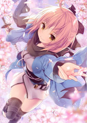 Rule 34 | 1girl, ahoge, black scarf, black thighhighs, blonde hair, blush, bow, breasts, brown eyes, cherry blossoms, fate/grand order, fate (series), flower, from above, hair between eyes, hair bow, haori, holding, holding sword, holding weapon, japanese clothes, katana, kimono, koha-ace, konomi, looking at viewer, medium breasts, okita souji (fate), okita souji (koha-ace), outstretched arm, petals, ribbon, sandals, sash, scarf, shinsengumi, short hair, short kimono, sky, smile, solo, sword, thighhighs, traditional clothes, weapon