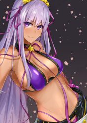 Rule 34 | 1girl, absurdres, bare shoulders, bb (fate), bb (fate) (all), bb (swimsuit mooncancer) (fate), bb (swimsuit mooncancer) (second ascension) (fate), bead bracelet, beads, belt, bikini, black garter belt, black gloves, black shorts, bracelet, breasts, cleavage, closed mouth, collarbone, dark-skinned female, dark skin, fate/grand order, fate (series), garter belt, gloves, grey background, hair ornament, hair ribbon, hairband, highres, jewelry, large breasts, licking lips, long hair, loose belt, nanakaku, navel, neck ribbon, purple bikini, purple eyes, purple hair, ribbon, shorts, star (symbol), star hair ornament, studded garter belt, swimsuit, tan, thighs, tongue, tongue out, very long hair, white belt