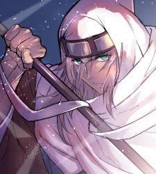 Rule 34 | 1boy, blue eyes, cosplay, fate/grand order, fate (series), headband, holding, holding weapon, hood, houzouin inshun (fate), houzouin inshun (fate) (cosplay), long hair, p-kana, polearm, siegfried (fate), solo, spear, weapon, white hair, wide sleeves