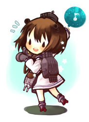 Rule 34 | 10s, 1girl, :d, brown hair, chibi, dress, gradient background, hair ornament, holding, kantai collection, looking at viewer, looking back, musical note, open mouth, sailor dress, school uniform, serafuku, short hair, smile, solid oval eyes, solo, spoken musical note, turret, yukikaze (kancolle), yuzuyomogi