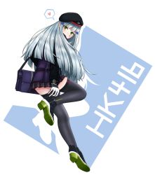 Rule 34 | 1girl, bag, beret, black footwear, black thighhighs, blue hair, blush, character name, closed mouth, girls&#039; frontline, green eyes, hair ornament, hairclip, hat, heart, heart print, hk416 (girls&#039; frontline), holding, holding bag, jacket, light blue hair, long hair, looking at viewer, looking back, paaam, plaid, plaid skirt, purple bag, purple jacket, shoes, simple background, skirt, solo, standing, standing on one leg, teardrop facial mark, teardrop tattoo, thighhighs