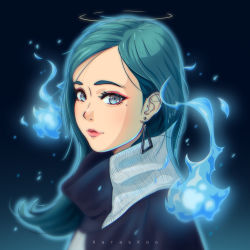 Rule 34 | 1girl, artist name, black sweater, blue fire, blue hair, earrings, eyeshadow, fire, from side, gradient background, grey sweater, halo, highres, jewelry, karaskoo, light blush, looking at viewer, makeup, mole, mole under eye, original, parted hair, red eyeshadow, smile, solo, sweater, triangle earrings, two-tone sweater