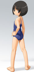 Rule 34 | 1girl, anda (pennyroyal tea), back, barefoot, black hair, blush, bob cut, brown eyes, child, competition school swimsuit, feet, flatcheez, from behind, hand on own hip, hip focus, kneepits, looking at viewer, looking back, one-piece swimsuit, onodera sayaka, original, school swimsuit, short hair, solo, swimsuit, toes