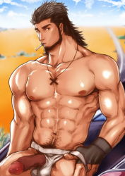 Rule 34 | 10s, 1boy, abs, bara, body hair, brown hair, erection, final fantasy, final fantasy xv, gladiolus amicitia, highres, male focus, muscular, outdoors, pectorals, penis, scar, solo, tagme, testicles, undressing, vehicle