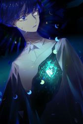Rule 34 | 2others, absurdres, androgynous, aqua hair, blue eyes, blue hair, bowl cut, colored eyelashes, colored tears, crescent moon, crying, fetal position, floating hair, gem uniform (houseki no kuni), harrymiao, heart, heterochromia, highres, holding, houseki no kuni, looking away, looking to the side, moon, moon phases, moon uniform (houseki no kuni), multiple others, necktie, other focus, parted lips, phosphophyllite, phosphophyllite (gemstone), phosphophyllite (ll), shards, shoes, short hair, short sleeves, shorts, solo focus, sparkle, spoilers, symbolism, torn clothes, upper body, white eyes, white necktie
