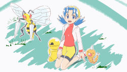 Rule 34 | 1girl, :d, aqua eyes, aqua hair, asatsuki (fgfff), beedrill, bike shorts, creatures (company), cropped jacket, evolutionary line, eyelashes, flying, game freak, gen 1 pokemon, grass, happy, hat, highres, jacket, kakuna, kris (pokemon), long sleeves, looking at viewer, nintendo, open clothes, open jacket, open mouth, pokemon, pokemon (creature), pokemon gsc, red shirt, seiza, shirt, short twintails, sitting, smile, twintails, weedle, white footwear, white jacket, yellow headwear