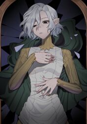 Rule 34 | 1boy, absurdres, bags under eyes, baiyue, black eyes, broken glass, broken mirror, cloak, crack, cracked glass, dungeon meshi, elf, glass, glass shards, gorget, green cloak, grey hair, hair between eyes, hand on own chest, hand over heart, highres, lazy eye, long sleeves, lying, male focus, mirror, mithrun, notched ear, on back, pointy ears, shirt, short hair, solo, tunic, uneven eyes, wavy hair