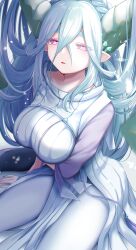 Rule 34 | + +, 1girl, aqua hair, braid, breasts, curled horns, dress, fate/grand order, fate/grand order arcade, fate (series), hair between eyes, highres, horns, ichi kq, large breasts, larva tiamat (fate), larva tiamat (third ascension) (fate), long hair, long horns, long sleeves, looking at viewer, pantyhose, parted lips, pink eyes, pointy ears, ribbed dress, sidelocks, solo, symbol-shaped pupils, tail, thighs, tiamat (fate), very long hair, white dress, white pantyhose