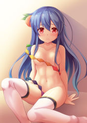 Rule 34 | 1girl, blue hair, blush, breasts, convenient censoring, food, fruit, hair censor, hinanawi tenshi, long hair, looking at viewer, navel, niiya, nude, peach, red eyes, sitting, solo, thighhighs, touhou, white thighhighs