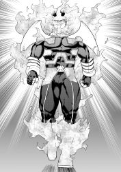 Rule 34 | 1boy, bara, beard, boku no hero academia, bulge, covered abs, endeavor (boku no hero academia), facial hair, fingerless gloves, fire, full body, gloves, greyscale, highres, large pectorals, male focus, mature male, monochrome, muscular, muscular male, p (pppppppppq), pectorals, scar, scar across eye, scar on face, short hair, sideburns, skin tight, solo, spiked hair, thick thighs, thighs, walking
