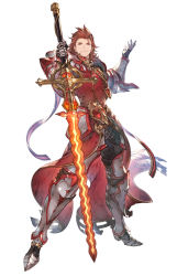 Rule 34 | 1boy, armor, armored boots, boots, cross, full body, gauntlets, granblue fantasy, granblue fantasy versus, highres, male focus, minaba hideo, official art, percival (granblue fantasy), presenting, red eyes, red hair, simple background, smile, smug, solo, spiked hair, sword, transparent background, weapon, white background