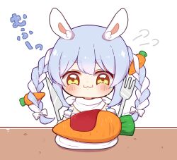 Rule 34 | 0725akaba, 1girl, :3, absurdres, animal ear fluff, animal ears, blue hair, blush, braid, brown eyes, carrot, chibi, closed mouth, commentary request, detached sleeves, fork, hair between eyes, highres, hololive, knife, multicolored hair, plate, puffy short sleeves, puffy sleeves, rabbit ears, short eyebrows, short sleeves, simple background, smile, solo, thick eyebrows, translation request, twin braids, twintails, two-tone hair, upper body, usada pekora, usada pekora (1st costume), virtual youtuber, white background, white hair, white sleeves