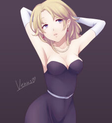 Rule 34 | 1girl, belt, black dress, blonde hair, breasts, character name, cleavage, dress, earrings, elbow gloves, gloves, hair over one eye, jewelry, long hair, looking at viewer, medium breasts, mother (game), mother 2, necklace, nintendo, purple eyes, shifumame, solo, venus (mother), white gloves