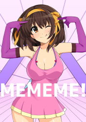 Rule 34 | 1girl, blush, bra, breasts, brown eyes, brown hair, cleavage, closed mouth, copyright name, cosplay, curvy, dress, elbow gloves, gloves, hair between eyes, hand to head, haruhisky, highres, large breasts, looking at viewer, me!me!me!, meme (me!me!me!), meme (me!me!me!) (cosplay), one eye closed, short dress, smile, solo, speed lines, suzumiya haruhi, suzumiya haruhi no yuuutsu, thigh gap, tongue, tongue out, underwear