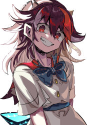 Rule 34 | 1girl, absurdres, black hair, blue bow, blue bowtie, bow, bowtie, grey horns, grin, highres, horns, ichirugi, kijin seija, looking at viewer, multicolored hair, red eyes, red hair, short hair, short sleeves, simple background, smile, solo, streaked hair, tongue, tongue out, touhou, upper body, white background, white hair