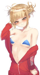 Rule 34 | 10s, 1girl, bags under eyes, bikini, bikini top only, bikini under clothes, blonde hair, blue bikini, blunt bangs, blush, boku no hero academia, breasts, double bun, hair bun, hair in own mouth, half-closed eyes, highres, jacket, looking at viewer, medium breasts, messy hair, navel, nose blush, off shoulder, open clothes, open jacket, red jacket, sidelocks, simple background, solo, strap lift, swimsuit, swimsuit under clothes, toga himiko, track jacket, unzipped, white background, yellow eyes, zd (pixiv6210083)