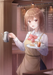 Rule 34 | 1girl, absurdres, apron, blush, bow, bowtie, brown apron, brown hair, cafe, cake, cake slice, collared shirt, commentary request, dress shirt, food, hairband, highres, holding, holding teapot, holding tray, indoors, long sleeves, looking at viewer, medium hair, open mouth, original, red bow, red bowtie, red eyes, rieatco, shirt, solo, surprised, sweatdrop, teapot, tray, white shirt