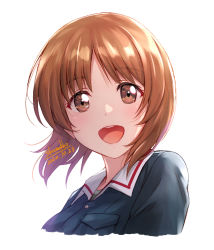 Rule 34 | 1girl, :d, artist name, brown eyes, brown hair, dated, girls und panzer, long hair, looking at viewer, military, military uniform, nishizumi miho, ooarai military uniform, open mouth, portrait, shamakho, short hair, signature, simple background, smile, solo, uniform, upper body, white background