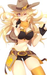 Rule 34 | 1girl, azure-zer0, bandana, belt buckle, blonde hair, breasts, buckle, cleavage, commission, cowboy hat, fingerless gloves, gloves, hat, highres, large breasts, one eye closed, pointing, pointing at viewer, purple eyes, rwby, shorts, sleeveless, sleeveless jacket, solo, cowboy western, yang xiao long