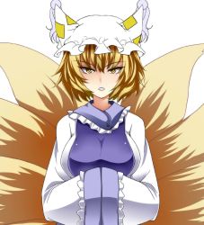 Rule 34 | 1girl, animal hat, blonde hair, dress, fox tail, frills, hands in opposite sleeves, hat, kitsune, kyuubi, long sleeves, looking at viewer, mob cap, multiple tails, open mouth, mob cap, short hair, simple background, solo, straight-on, tabard, tachi-e, tail, tassel, touhou, upper body, white background, white dress, wide sleeves, yagami (mukage), yakumo ran, yellow eyes