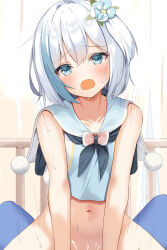 Rule 34 | 1girl, 1other, :o, absurdres, aqua eyes, bare arms, bed frame, black neckerchief, blue hair, blush, bottomless, collarbone, commentary request, cropped shirt, curtains, flower, furrowed brow, hair flower, hair ornament, highres, implied sex, light blue hair, looking at viewer, medium hair, motion lines, multicolored hair, navel, neckerchief, one side up, open mouth, pov, sabakan kandume, school uniform, sennen sensou aigis, serafuku, solo focus, stomach, straddling, streaked hair, sweat, white flower, white hair, white serafuku, yukihime (sennen sensou aigis)