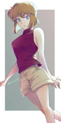 Rule 34 | 1girl, astrayin, bare arms, blue eyes, border, brown hair, closed mouth, dutch angle, grey background, hair between eyes, highres, meitantei conan, miyano shiho, outside border, red sweater, short hair, short shorts, shorts, sleeveless, sleeveless sweater, solo, standing, sweater, twitter username, white border, white shorts