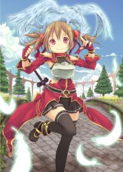 Rule 34 | 10s, 1girl, armor, bare shoulders, black thighhighs, blush, breastplate, brown hair, falling feathers, feathers, fingerless gloves, gloves, hair ribbon, highres, hpflower, leg up, looking at viewer, pina (sao), red eyes, ribbon, silica, skirt, smile, solo, sword, sword art online, thighhighs, tree, twintails, weapon