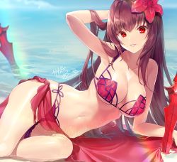 Rule 34 | 1girl, arm behind head, bikini, breasts, cleavage, commentary request, fate (series), flower, gae bolg (fate), hair flower, hair ornament, kagachi saku, large breasts, long hair, navel, ocean, polearm, purple hair, red eyes, sarong, scathach (fate), scathach (fate), scathach (swimsuit assassin) (fate), smile, solo, spear, swimsuit, weapon
