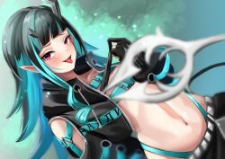 Rule 34 | 1girl, nanashi inc., belt, belt bra, black gloves, black hair, black skirt, blue belt, blue hair, blush, bra, bra pull, chest belt, clothes pull, commentary request, cropped jacket, demon girl, demon horns, demon tail, dutch angle, fang, flat chest, fooming, gloves, highres, horns, jacket, long hair, long sleeves, looking at viewer, multicolored hair, navel, open clothes, open jacket, open mouth, partially fingerless gloves, pointy ears, pulling own clothes, red eyes, shishio chris, skin fang, skirt, smile, solo, sugar lyric, tail, tail censor, tongue, tongue out, two-tone hair, underwear, upper body, virtual youtuber, zipper