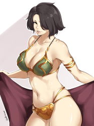 Rule 34 | 1girl, absurdres, armor, bare shoulders, bikini, bikini armor, bikini top only, black hair, blush, breasts, cinder fall, cleavage, collarbone, commentary, cosplay, cowboy shot, gold trim, hair over one eye, highres, large breasts, legs together, lips, looking at viewer, lulu-chan92, midriff, navel, parted lips, princess leia organa solo, princess leia organa solo (cosplay), rwby, scar, shiny skin, short hair, smile, solo, star wars, swimsuit, teeth, thighs, yellow eyes